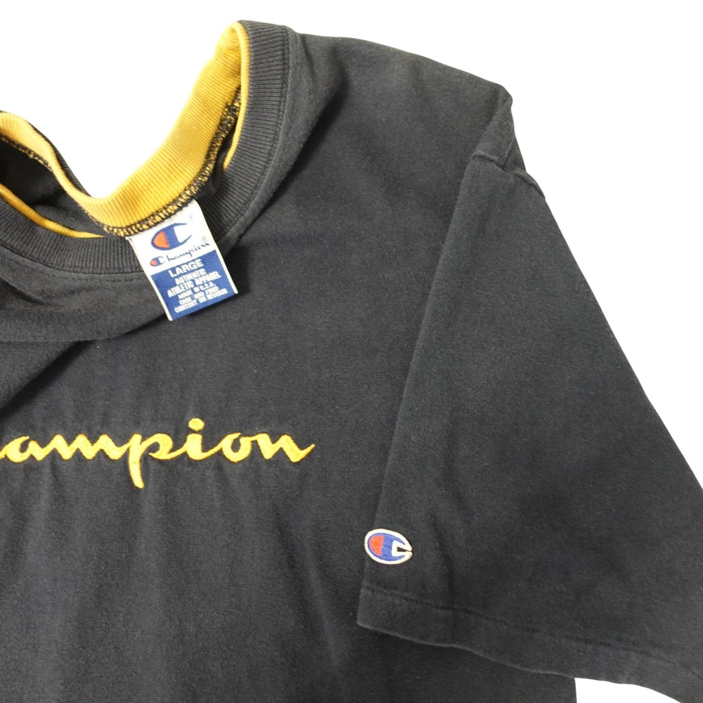Vintage 1990s Champion Single Stitch T Shirt Mens Large Navy Gold Faded USA Made